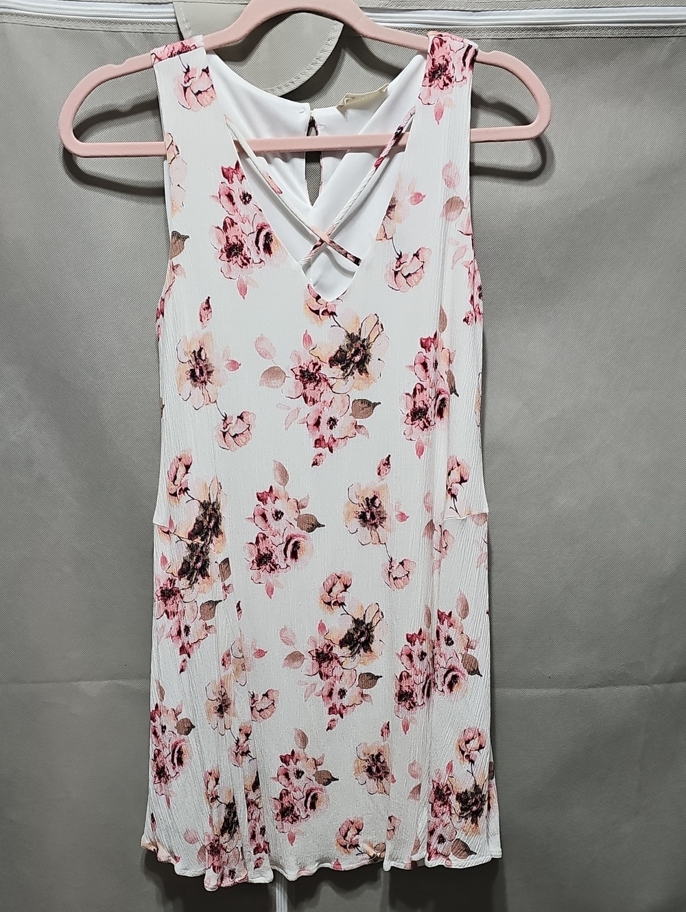 Altar'd State White Mini Dress with Pink Floral Print and Crisscross V-Neck